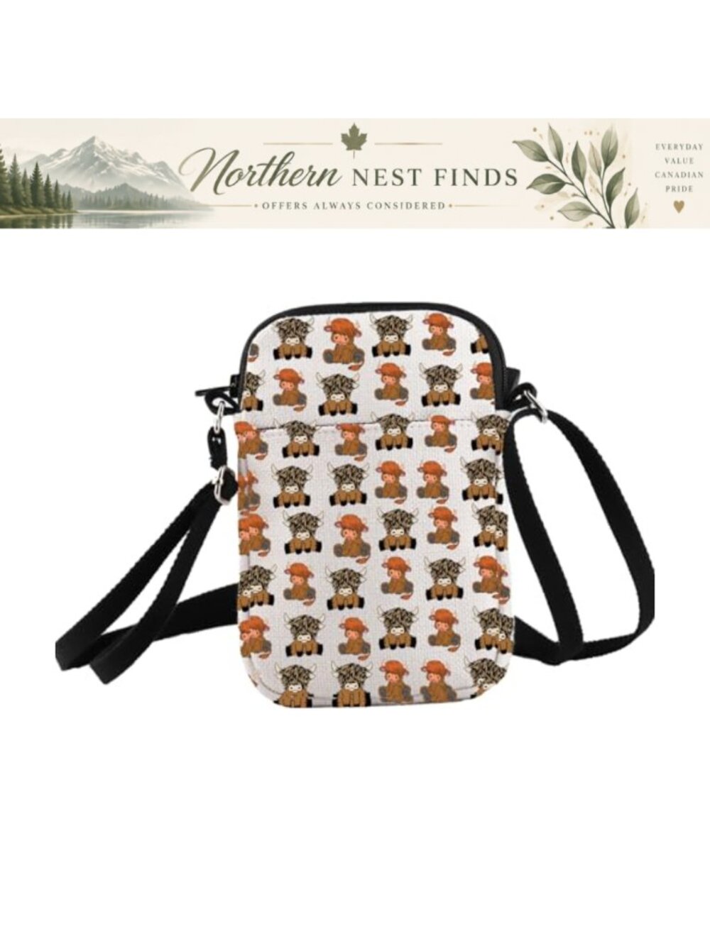 Polyester Crossbody Bag Highland Cow Print Travel Messenger